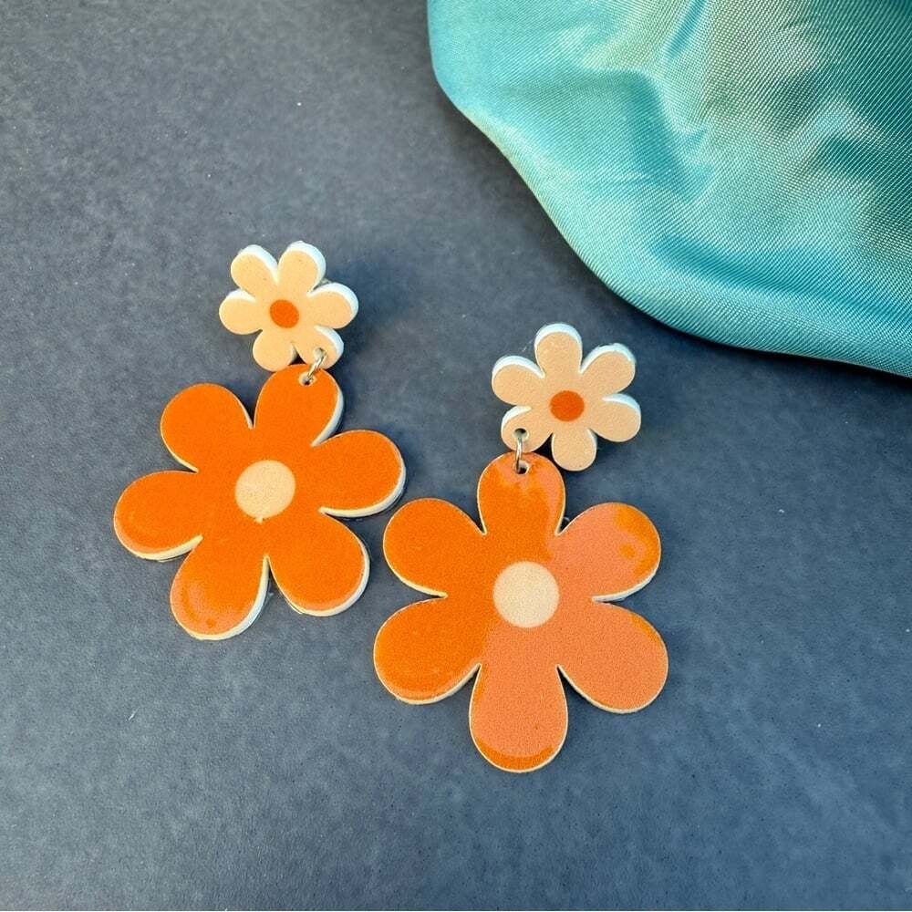 Mod Style Retro Flower Power Orange Acrylic Earrings